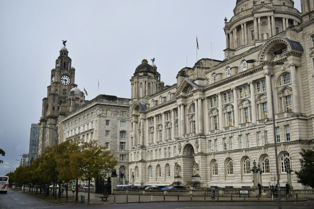 The Royal Liver Building and Port of Liverpool Building on Liverpool's Pier Head waterfront.