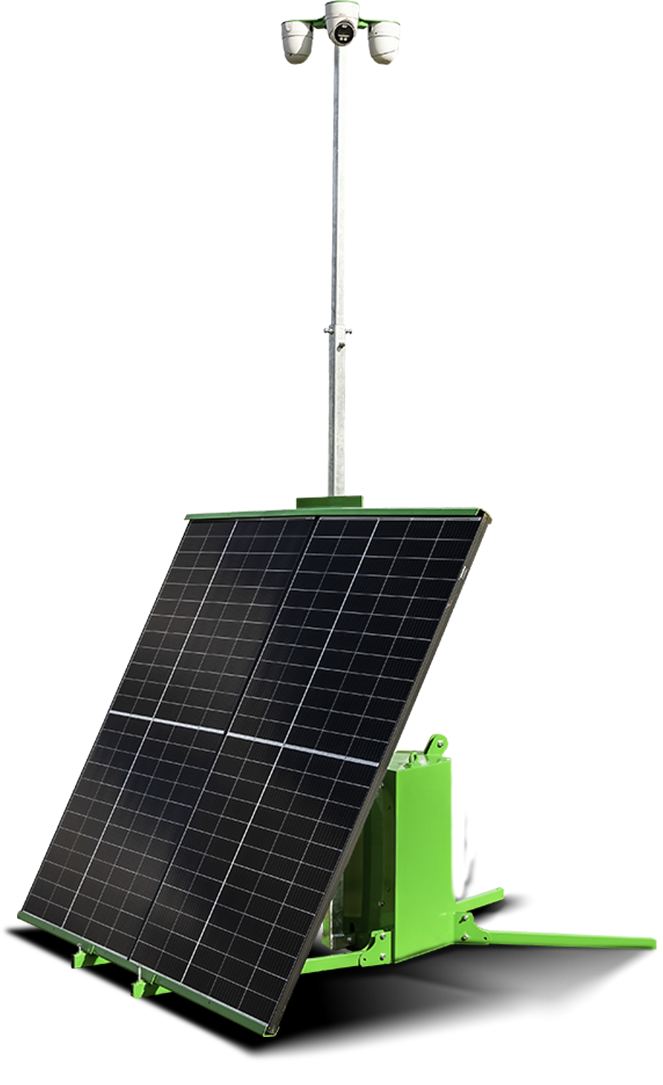 Go Solar 365 AI CCTV tower: a solar panel on a trailer with a mast carrying two cameras.