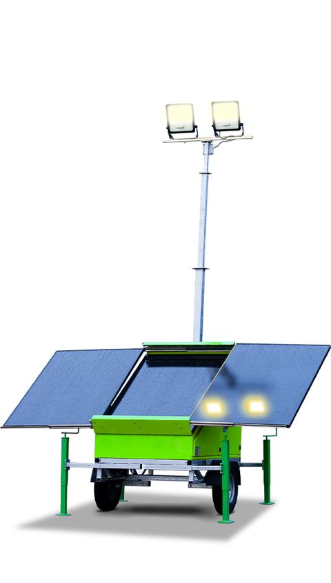 Go Solar lighting tower: a trailer with fold-out solar panels and LED floodlights on a mast.