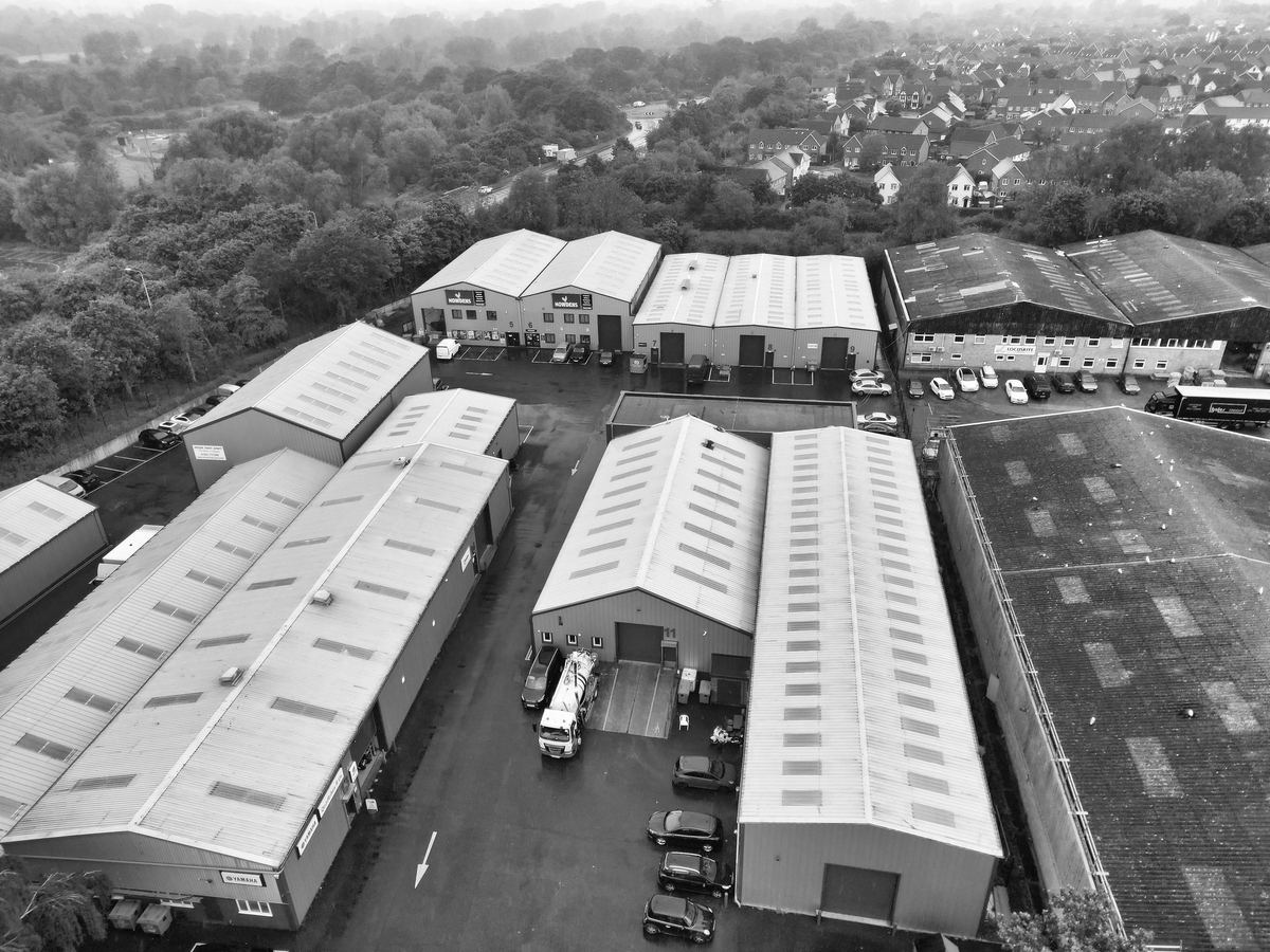 An aerial view of warehouses and yards on an industrial estate in Essex.