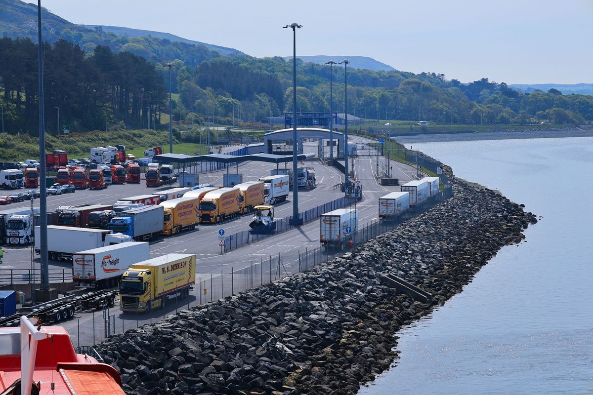 Lorries and trailers lined up at the freight terminal in Cairnryan, Scotland.